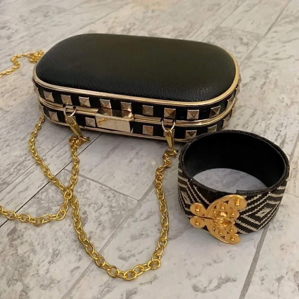 ‎Black/cream/gold Aztec print cuff bracelet